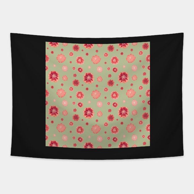 Red flowers on sage green pattern Tapestry by andreeadumez