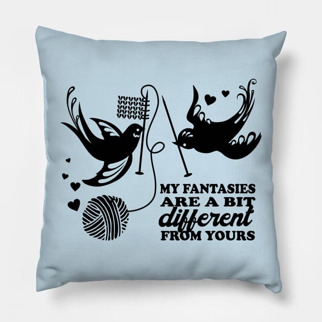 birds knitting needles yarn funny knitter crafts fantasy Pillow by BigMRanch