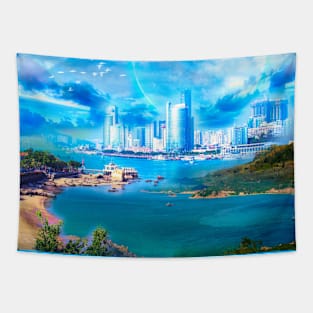 Blue Shining City Tapestry