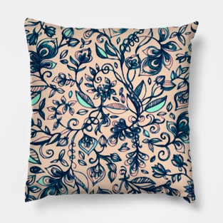 Teal Garden - floral doodle pattern in cream & navy blue Pillow