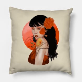 Beautiful portrait design woman watercolor artistic orange Pillow