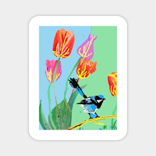 Abstract Blue Wren and Tulips Painting - on Blue and Light Green Magnet