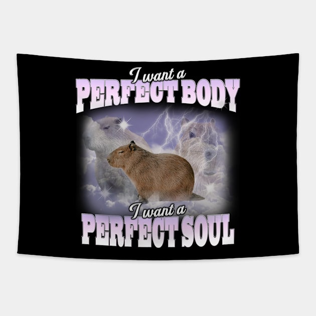 Cabybara Vintage 90s Bootleg Style Graphic T-Shirt, i want a perfect body i want a perfect soul Shirt, Funny Capybara Meme Tapestry by Y2KERA