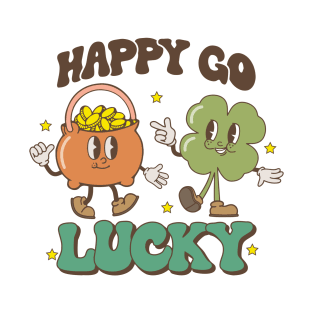 Happy Go Lucky Cute Retro Pot of Gold & Four Leaf Clover St. Patricks Day T-Shirt