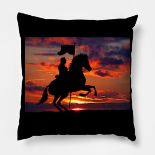 Knight riding on horse at night during sunset Pillow