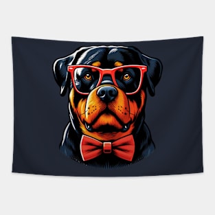 Rottweiler Dog Wearing Red Glasses And Bow Tie Tapestry