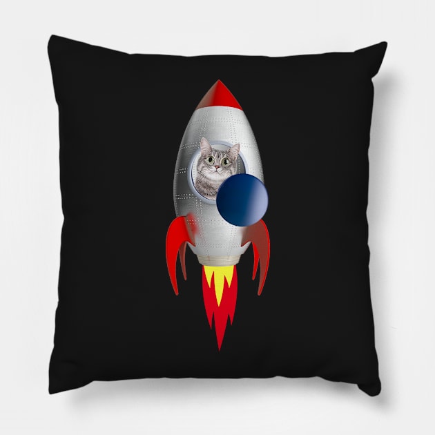 Funny Rocket Kitty (Grey Kitty) Pillow by leBoosh-Designs