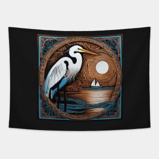 Egret With Sunset and Sailboat Tapestry