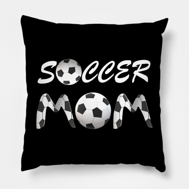 Soccer Mom with Soccer Balls and Black and White Soccer Patterned Letters (Black Background) Pillow by Art By LM Designs 