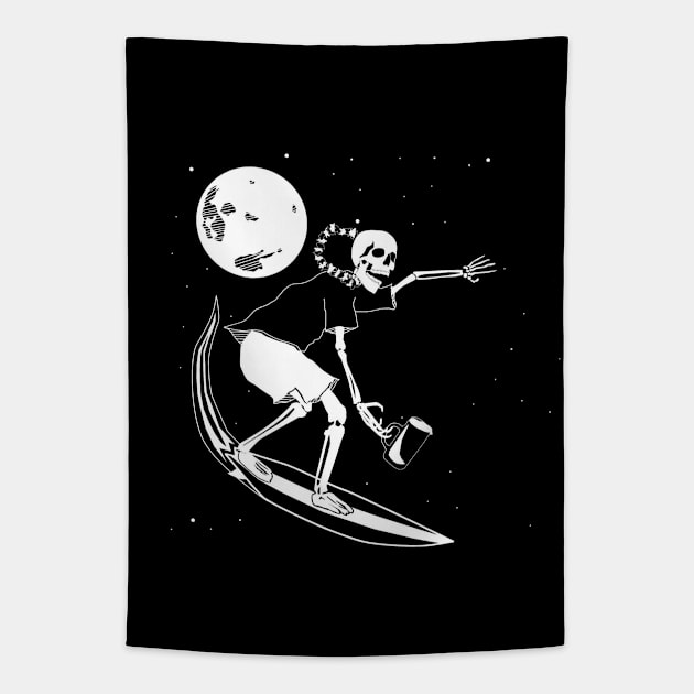 Surfing Space Skeleton Tapestry by piggiespearlswork