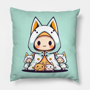 Kawaii Cat Wizard with Kitty Creatures - Cute Anime Art Pillow