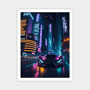 Dark Neon City Sports Car Magnet