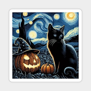 Halloween Cat Van Gogh Starry Night Magnet