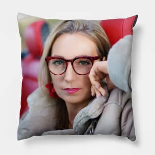 Sublime Mustang Girl Wearing Glasses and Earrings in a Fur Jacket Pillow