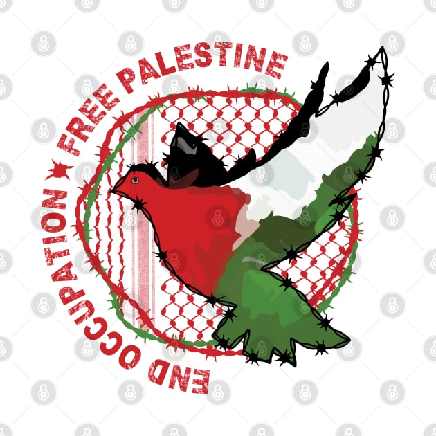 End Occupation Free Palestine with Palestinian Arabic Kufiya Hatta Pattern -red by QualiTshirt