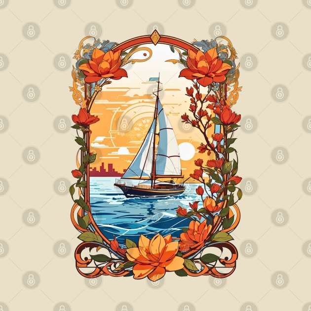 Sailing boat at sunset retro vintage floral design by Neon City Bazaar