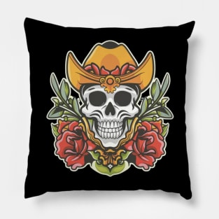 American Traditional Cowboy Skeleton Floral tattoo Pillow