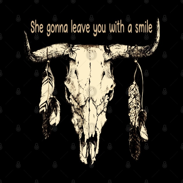 She Gonna Leave You With A Smile Feathers Bull Skull by Merle Huisman