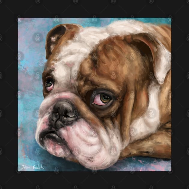 Painting of a Brown and white Bulldog with a Sad Face on Blue Background by ibadishi