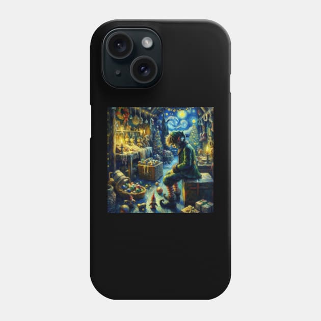 Solitary Elf: Starry Night Gift Preparation - Van Gogh-Inspired Art Series Phone Case by Edd Paint Something