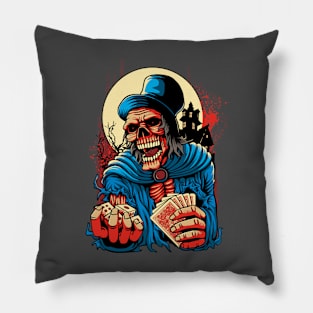 Skeleton holding playing cards and dice Pillow