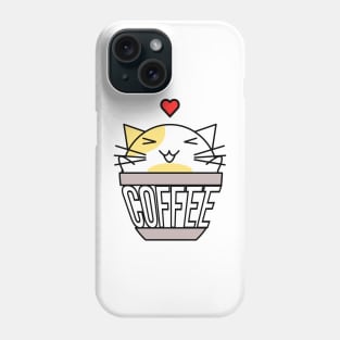 Happy cat in coffee cup with warped text heart on head yellow Phone Case