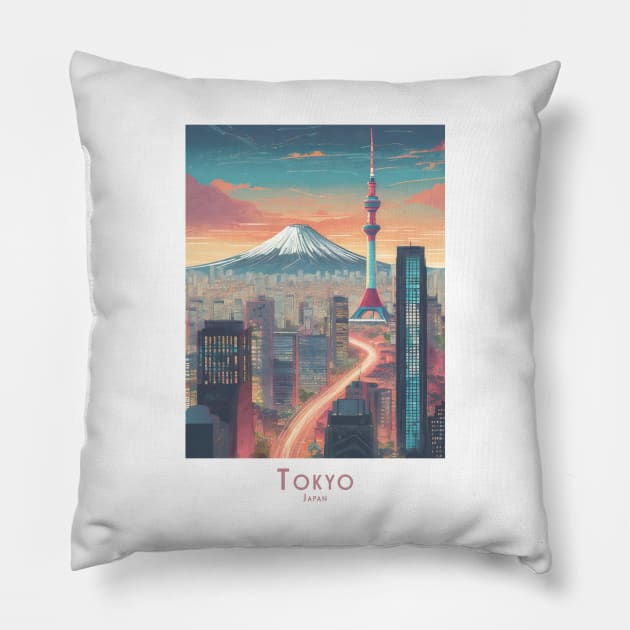 Japan - Tokyo Skyline Sunset Pillow by POD24