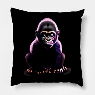 Cute baby gorilla standing under purple light Pillow