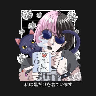 Goth Anime Girl Black Gothic Cat Coffee Lover Vaporware T-Shirt