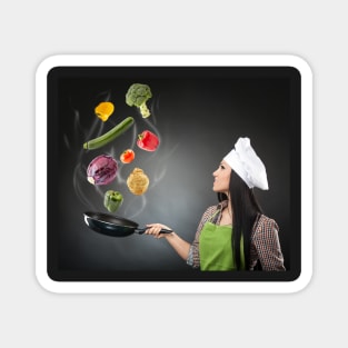 Skillful cook lady throwing veggies Magnet