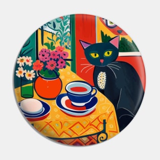 Black Cat with Flowers and Selfie on Wall Pin