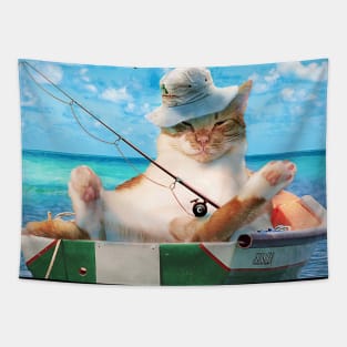 Cute Cat Fishing On Ocean Boat Tapestry