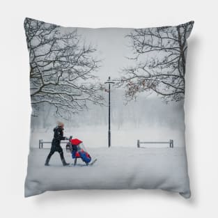 mom walks her baby in the snow Pillow