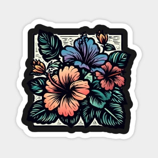 Bright Tropical Hibiscus Flower Woodcut Design Magnet