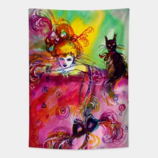 LADY WITH MASK AND BLACK CAT  Venetian Masquerade Night in Pink Tapestry