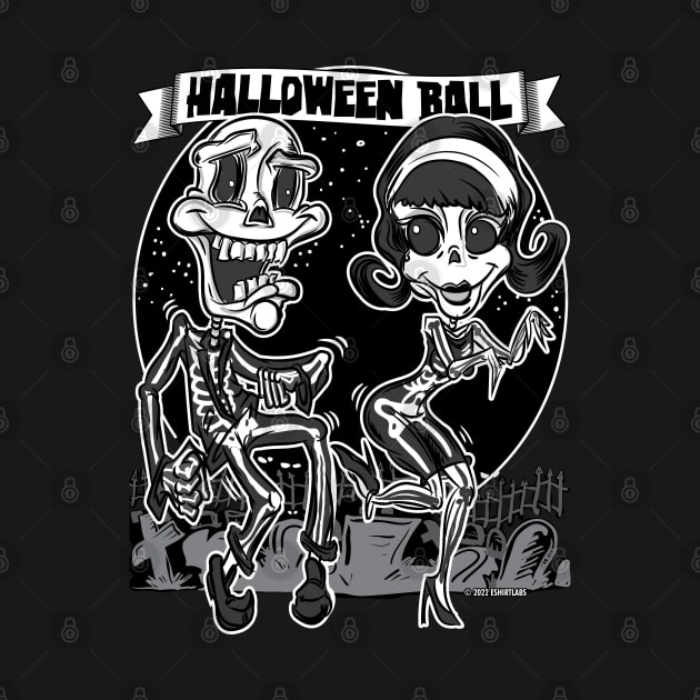 Skeletons dancing in the cemetery at the Halloween Ball by eShirtLabs