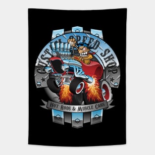 Custom Speed Shop Hot Rods and Muscle Cars Illustration Tapestry