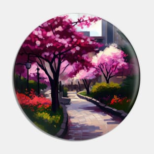 Sakura Serenade Tokyo Cherry Blossoms, Impressionist Landscape, Brick Path Park, Red Flowers, Oil Style Print Pin