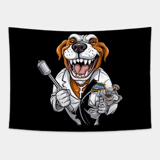 A cartoon-style illustration of an English bulldog wearing a white lab coat and holding a dental tool Tapestry