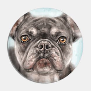 Painting of a Gray French Bulldog on Light Blue Background Pin