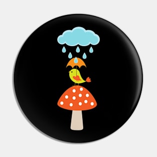 Rainy Day Bird on mushroom with Umbrella! Pin
