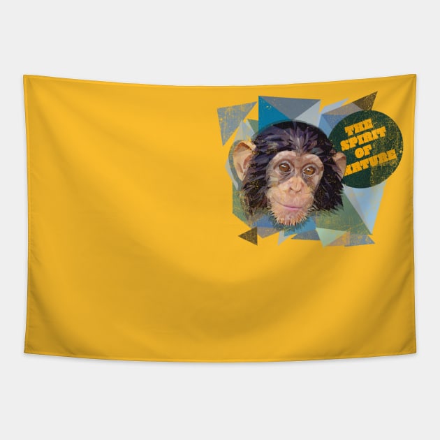 Low polygon art of young chimpanzee with grunge texture. Tapestry by Lewzy Design