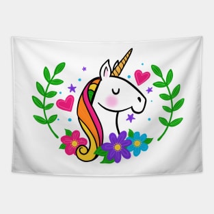 Colorful Rainbow Unicorn with Flowers Tapestry