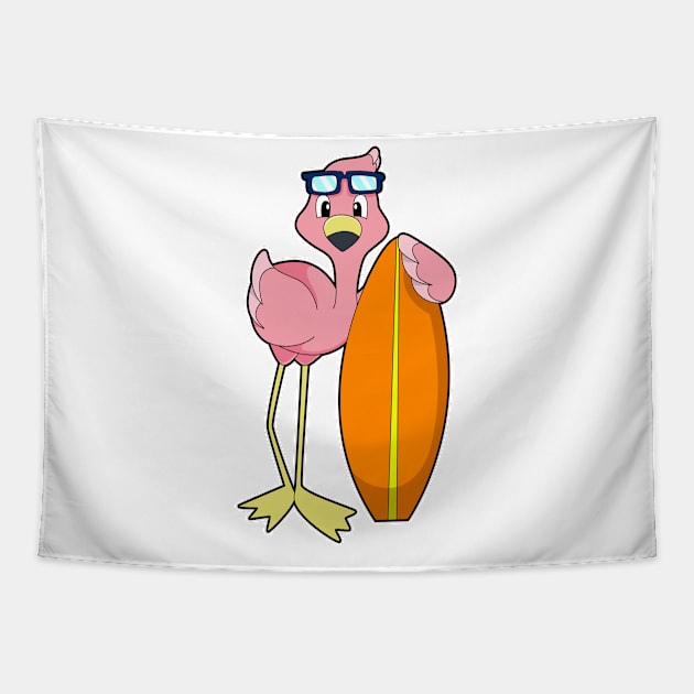 Flamingo as Surfer with Surfboard Tapestry by Markus Schnabel