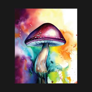 Magic Mushroom in Hand Painted Colorful Background T-Shirt