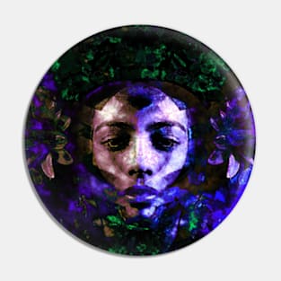 Beautiful girl face, near flowers. Green and violet. Fantasy, sci-fi. Look like robot. Pin