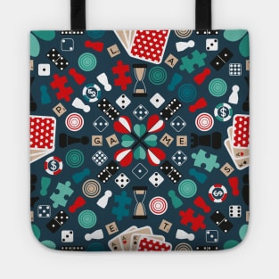 Wanna play? // pattern // blue background teal red mint brown black and white game pieces Tote