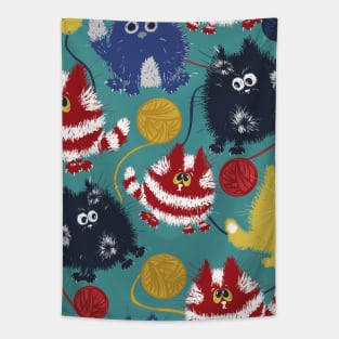 Bright Fluffy Cats Playing with Wool on Turquoise Background Tapestry