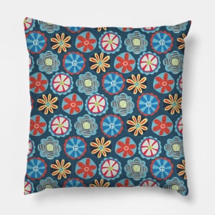 Scandinavian Doodle Flowers Red and Blue Pillow