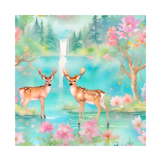 Deer and a waterfall, watercolor painting by SophieClimaArt